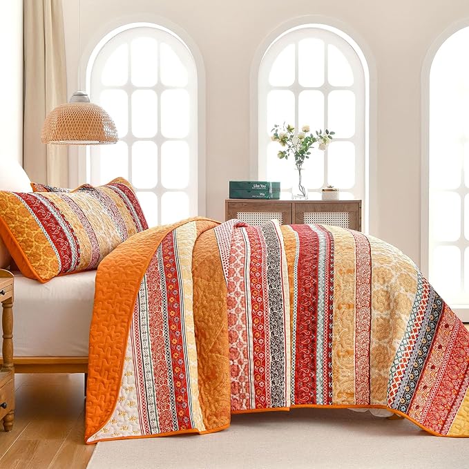 WONGS BEDDING Boho Stripe Quilt Set Queen Size, 3 Pieces Orange Bohemian Quilt Sets, Lightweight Soft Microfiber Bedspread Coverlet Bedding Set for All Season (96"x90")