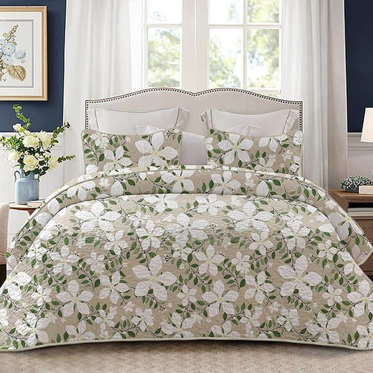Whale Flotilla Reversible Printed Quilt King Size, Extra Soft Boho Floral Leaf Bedspreads for Bed Lightweight King Quilt Bedding Set Coverlets with 2 Pillow Shams for All Seasons, White Bone
