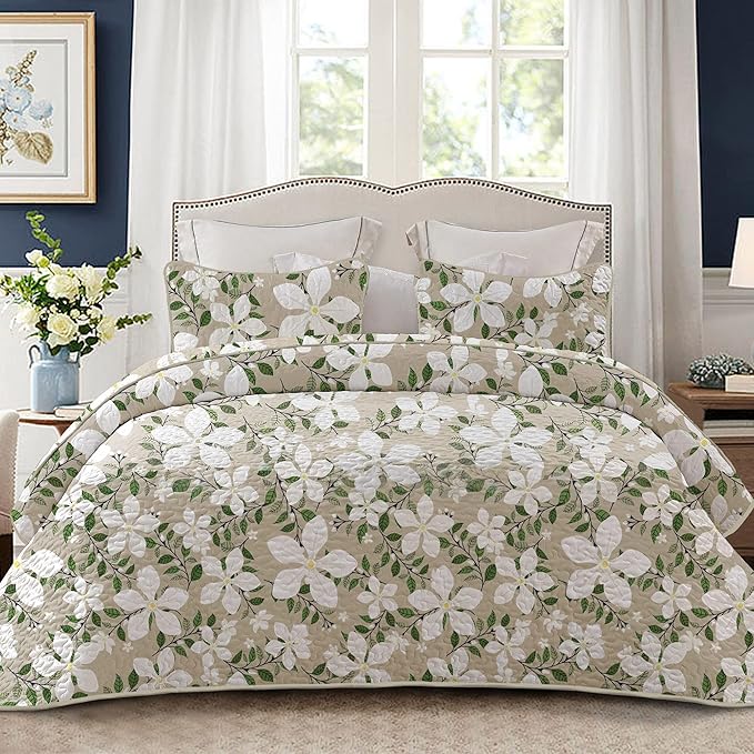 Whale Flotilla Reversible Printed Quilts Queen Size, Extra Soft Boho Floral Leaf Bedspreads for Bed Lightweight Full Queen Quilt Bedding Set Coverlets with 2 Pillow Shams for All Seasons, White Bone