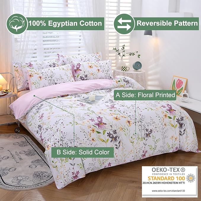 URBONUR Floral Duvet Cover Set Queen Size 3-Pieces 100% Cotton Wildflowers Comforter Cover, Chic Garden Flowers Bedding Set, Soft Breathable Bed Linen Set
