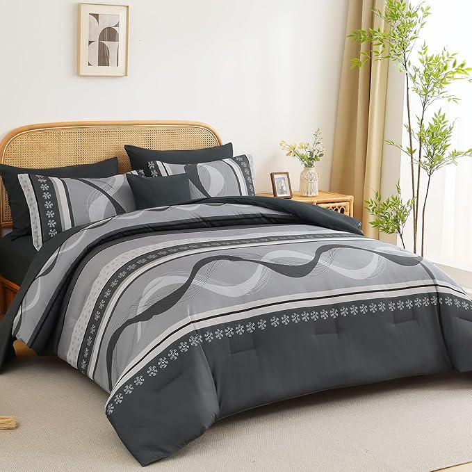 Anibedding Grey Comforter Set Queen Size,8 Pieces Bed in a Bag Patchwork Striped Bedding Sets,Boho Soft Microfiber Bedding Set for All Season(90"×90")