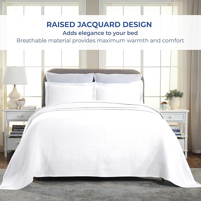 Superior 2 Piece Celtic Circles Cotton Bedspread Set, Decorative Bed Spread, Home Bed Decor, 1 Pillow Sham, Medium Weight Blanket, Matelasse Coverlet Bedding, Wedding Ring Design, Full, White