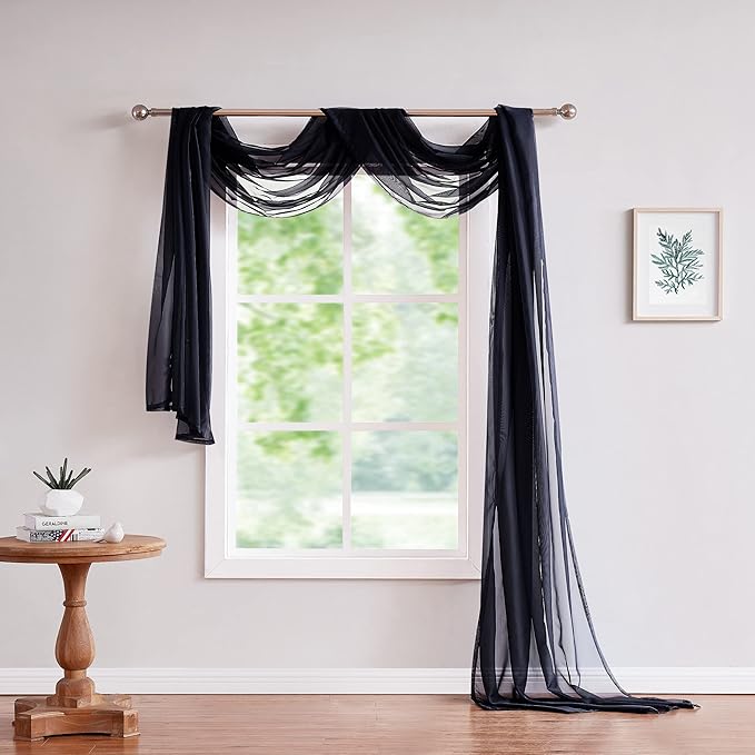 Long Length 56" (W) x 216" (L) Black Sheer Window Scarf. Voile Window Treatments are Perfect As Valance Scarves, Canopy Bed Scarf Or Wedding Decoration. AMA 56" x 216" Black