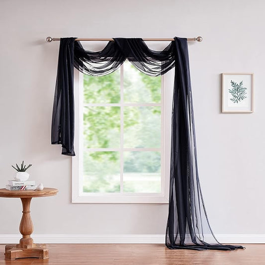 Long Length 56" (W) x 216" (L) Black Sheer Window Scarf. Voile Window Treatments are Perfect As Valance Scarves, Canopy Bed Scarf Or Wedding Decoration. AMA 56" x 216" Black