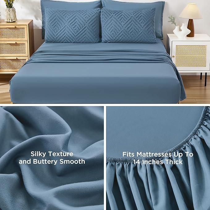 Andency Super King Plus Comforter Set Ocean Blue - 7 Pieces Bed in a Bag Oversized King Bedding Sets, Boho Tufted Lightweight Fluffy Bed Set with Comforter, Sheets, Pillowcases & Shams