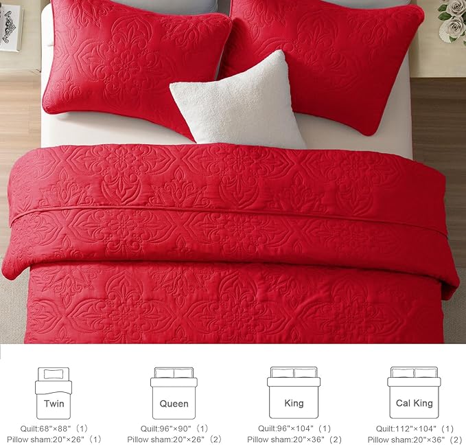 Whale Flotilla Soft Twin Quilt Bedding Set for All Seasons, Elegant Vintage Damask Ultrasonic Quilts Set, Lightweight Reversible Bedspread, Coverlet, Bed Cover with 1 Pillow Sham, Red