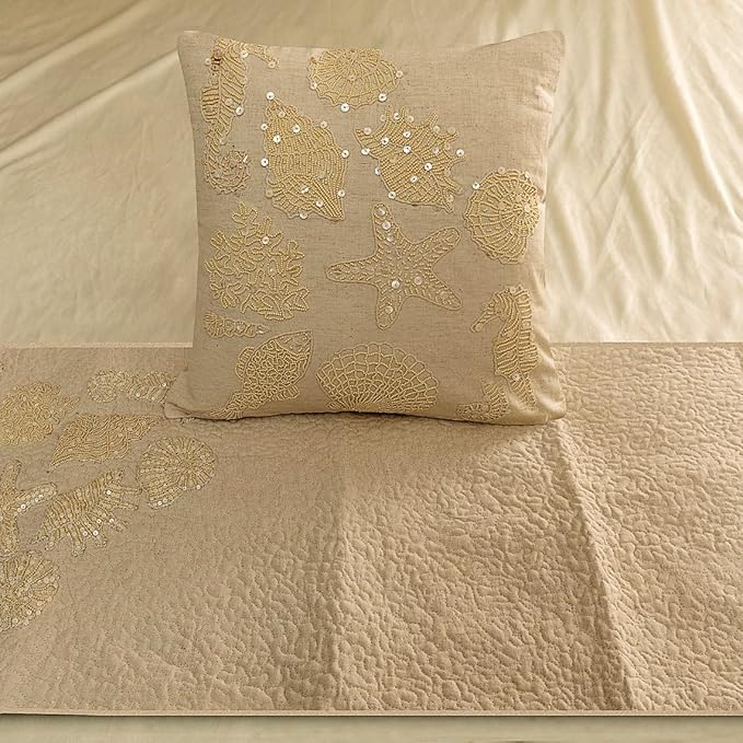The HomeCentric King Queen Twin Beige Handmade CA King 86"x18" Bed Runner Without Pillow Cover, Pearl Embroidery Bed Scarf on Linen Fabric - Off to The Sea