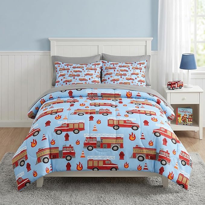 Nesker 7 Pcs Comforter Set Full Size, Red Fire Engine Bedding for Kids Teen, Fire-Fighting Trucks Vehicle with Fitted Sheet 2 Pillowcases & 2 Shams for Bedroom Bed Decor