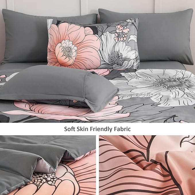 Xruibed King Comforter Set 7 Pieces Grey Floral Comforter Set King Size Bed in a Bag Flower Bedding Sets Lightweight Boho Bed Set with Sheet,Pillowcases&Shams for All Season