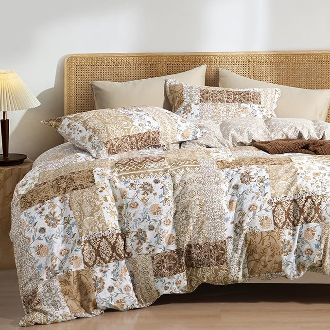 PHF Ultra Soft Floral Duvet Cover Twin Size, Printed boho Bedding Set 2 Pieces, Comfy Farmhouse Reversible Paisley Pattern Duvet Cover Set with 1 Pillow Shams, Zipper Closure and 6 Ties, 68"x90",Brown