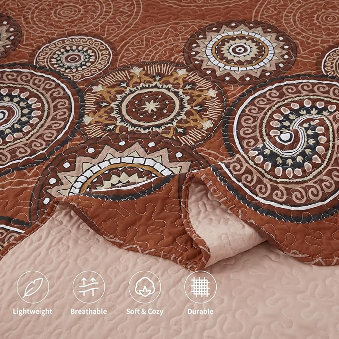 LEAONME 3-Piece Full Queen Size Burnt Orange Rust Quilt Set Lightweight Oversized Bedspread 90''x98'' Soft Microfiber Floral Coverlet Luxurious Warm Bed Cover for All Seasons (1 Quilt, 2 Pillow Shams)