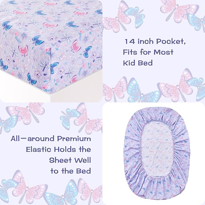 Kids Sheet Set Full Size, Girls Full Sheet Set with Floral Purple Butterfly Pattern, Breathable Silky Soft Microfiber Kids Fitted Sheet