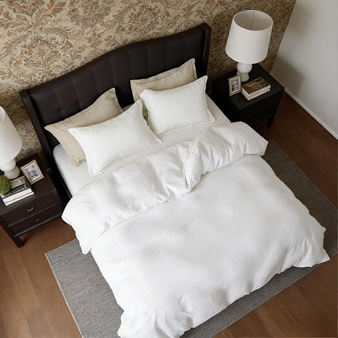 Simple&Opulence 100% Washed Linen Duvet Cover Set 68"x86" - 2 Pieces Soft Farmhouse Comforter Cover Set Double Embroidered with Button Closure - 1 Duvet Cover and 1 Pillowcase (White, Twin)