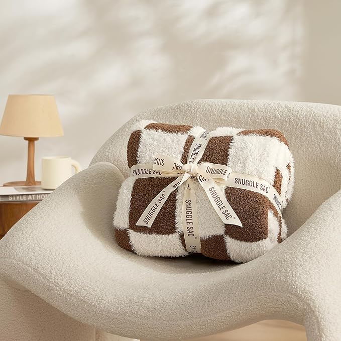 Snuggle Sac Brown Checkered Throw Blanket Faux Fur Microfiber Blankets for Couch,Cozy Soft Warm Blanket for Sofa Bedroom Living Room,Brown Checker,50x60 inches