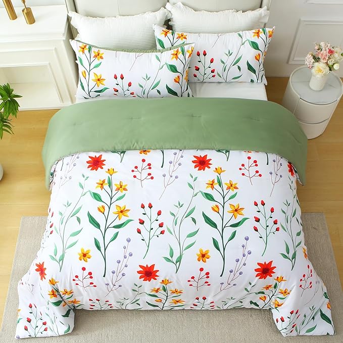 Queen Comforter Set Green 3 Pieces Bed in a Bag, Colorful Floral Bedding Sets Elegant Botanical Bed Set Lightweight Soft Comforter with 2 Pillowcases for All Season