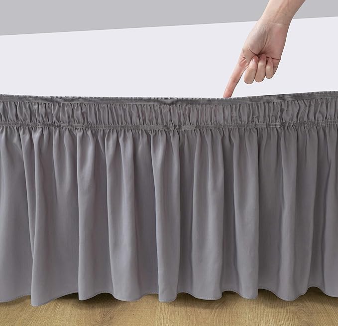 Wrap Around Bed Skirts Elastic Dust Ruffles, Easy Fit Wrinkle and Fade Resistant Silky Microfiber Fabric Solid Color Bedskirt, 12 Inch Tailored Drop Silver for King Size Bed Skirt