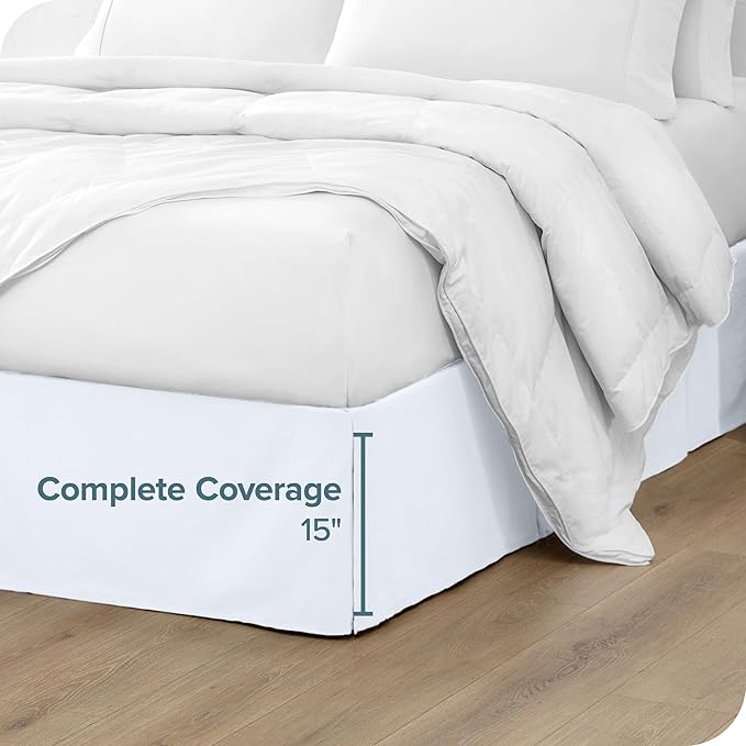 Bare Home King Bed Skirt - 15-Inch Tailored Drop Easy Fit - Bed Skirt for Beds - Center & Corner Pleats (King, White)