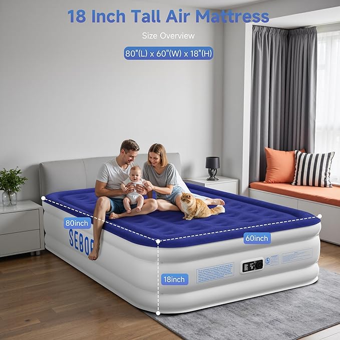 Sebor Air Mattress Queen with Built-in Pump 18", Comfortable Self-Inflating Air Mattress with High-Speed Pump, Durable Blow Up Mattress Queen with Storage Bag for Guests, Camping, Travel