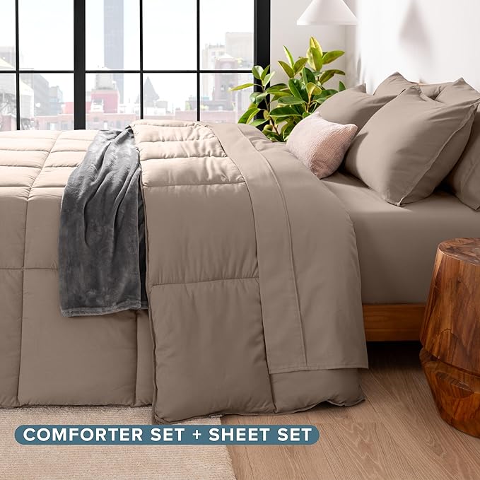 Bare Home Bed-in-A-Bag 5 Piece Comforter & Sheet Set - Twin XL - Goose Down Alternative - Ultra-Soft 1800 Premium Bed Set (Twin XL, Taupe/Taupe)