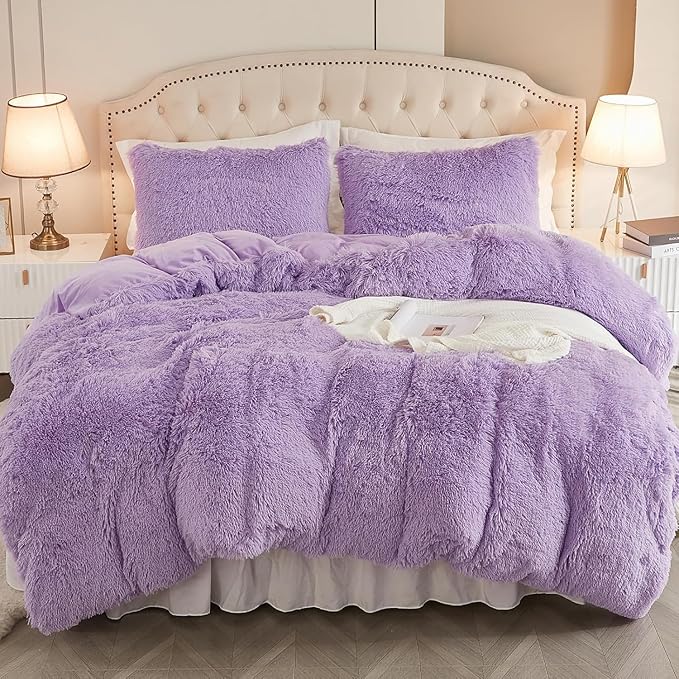 EMME Luxury Purple Fuzzy Duvet Cover Set King Size 3 Pieces Fluffy Comforter Cover Set for King Bed Shaggy and Plush Soft Bedding Duvet Covers (Purple, King)