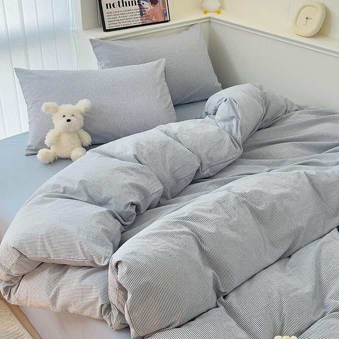 mixinni Striped Duvet Cover Set- 100% Washed Cotton Blue Comforter Cover with White Pinstripe Stripes Pattern Printed Bedding Set with Zipper Closure, 3 Pieces, Twin XLSize