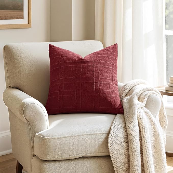 MIULEE Decorative Linen Check Throw Pillow Covers Neutral Farmhouse Vintage Pillow Covers 20x20 Set of 2 Boho Modern Home Decor for Sofa Couch Bedroom Cushion Burgundy