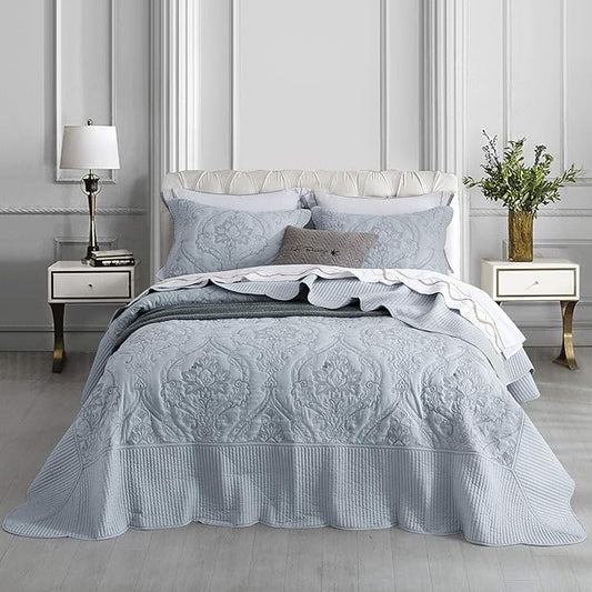 CHIXIN Bedspread Coverlet Quilt Set Full Size - Lightweight Bedding Cover - Beautiful Stitching - 5 Piece Reversible Bedspread - Gorgeous Damask Paisley Pattern (Full, Light Grey)