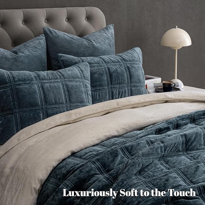 PHF Ultra Soft Velvet Quilt Set King Size – 3PCS Luxurious Cozy Quilted Comforter Alternative with Diamond Pattern, Warm Quilted Bedspread Coverlet, 108" x 92", Stormy Blue
