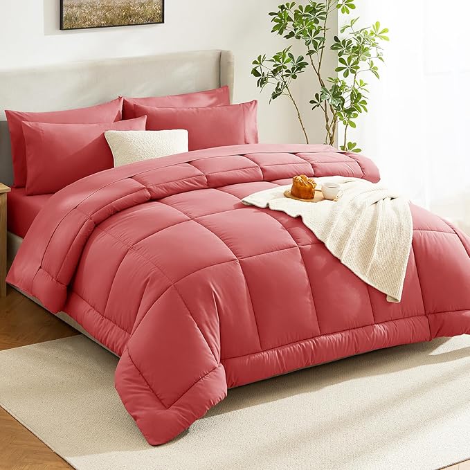 CozyLux Queen Comforter Set Coral, 7 Pieces Bed in a Bag, Coral Comforter Queen Size, All Season Bedding Sets with Stitch Quilted Comforter, Flat Sheet, Fitted Sheet, Pillowcases