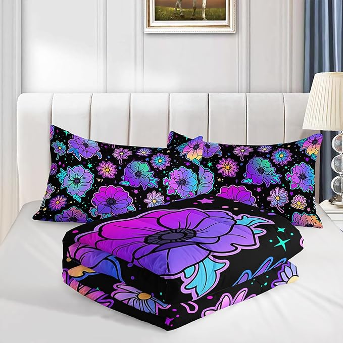 Axolotl Neon Floral Bedding Set King,Gradient Floral Comforter Set for Girls,Colorful Flower Bedding Stars,Galaxy Series Comforter for Kids Boys Girls Teens Adults,1 Quilt 2 Pillowcases,Black