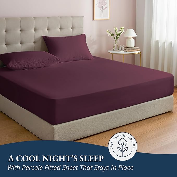 LANE LINEN Twin XL Fitted Sheet, 100% Organic Cotton 2-Piece Set (1 Fitted Sheet, 1 Pillowcase), Percale Weave, Soft, Breathable, Fits Mattress Upto 15" Deep - Windsor Wine (No Flat Sheet)