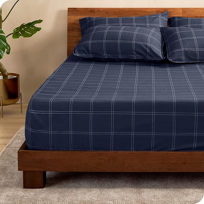 Fitted Bottom Sheet Full Size - Premium 1800 Microfiber - Ultra-Soft Hotel Luxury - Deep Pocket - Durable and Long Lasting - Fitted Sheet (Full, Modern Plaid - Midnight Blue/White)