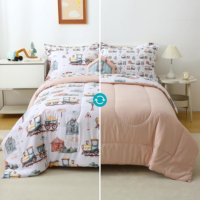 Mooreeke Kids Twin Comforter Sets for Boys 6 Pieces Train Bedding Set for Teens Microfiber Country Train Town Kids Bed in A Bag with Comforter, Sheet Set, Shams and Decorative Toy Pillow All Season