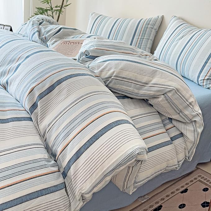 VM VOUGEMARKET Blue Striped Duvet Cover Set King 100% Washed Cotton Linen Like Textured Breathable Durable Soft Comfy Bedding Set - King 104"x90"