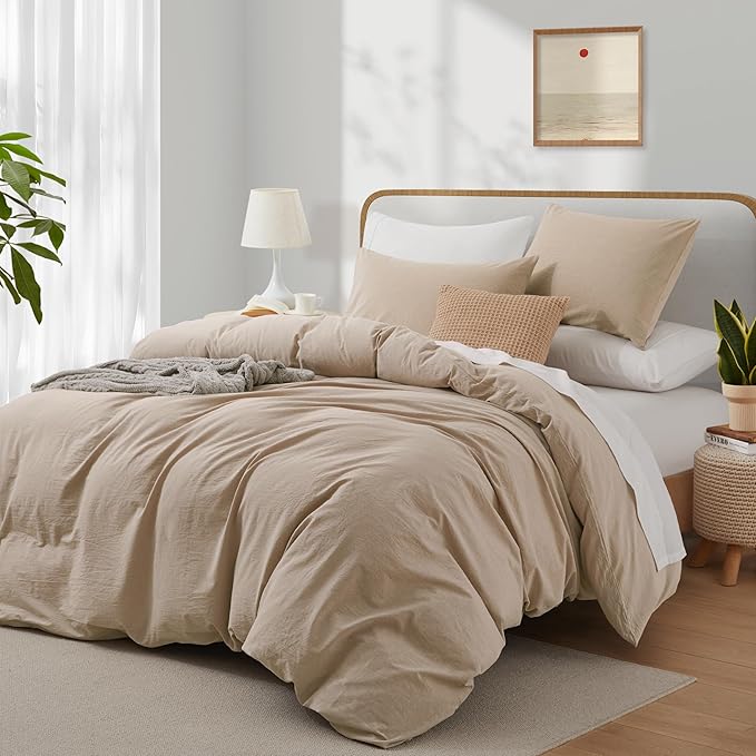 LOVQUE 100% Washed Cotton Duvet Cover Set King Size, Linen Like Natural Bedding Set with Zipper Closure (No Comforter), 104x90 Inches, Linen Grey