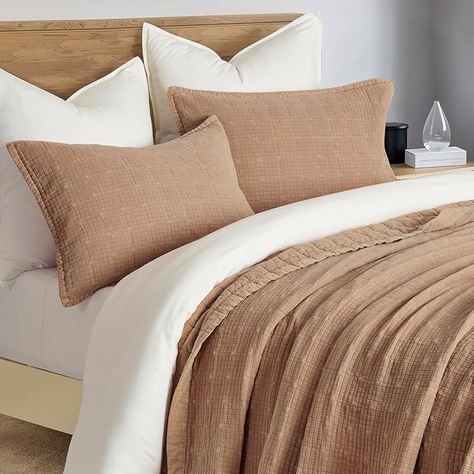 EVERGRACEHOME Stonewashed Cotton Quilt Set Full Queen Size, Ultra Soft Oversized Bedspread Coverlet Set, Lightweight Crinkle Box Stitch Bedding Sets for All Season, with 2 Shams, Blushed Terracotta