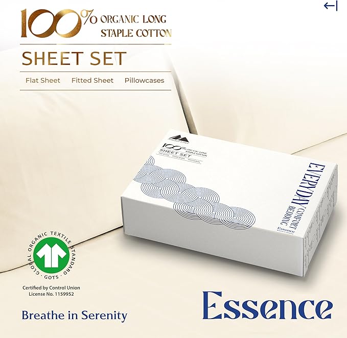 Mayfair Linen 100% Organic Cotton Sheets Queen Size - 4 PC Ivory Organic Cotton Percale Sheets Queen Set, Soft, Cooling & Breathable Bedsheets, 16" Deep Pocket Hotel Bedding Set - GOTS Certified