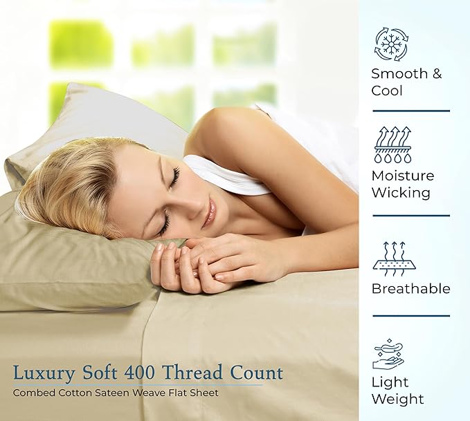 Royale Linen 400 Thread Count 100% American Grown Cotton Flat Sheet - Cooling Sheets - King Sheets - Luxury Sateen Weave - King Flat Sheet Sold Separately - Sand Flat Sheet Only (King, Moroccan Sand)