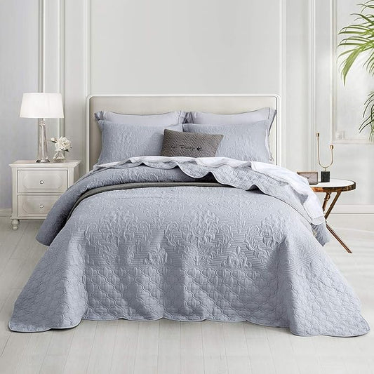 CHIXIN Oversized Bedspread Coverlet Set King Size - Lightweight Bedding Cover - Ultrasonic Quilting - 5 Piece Reversible Bedspread - Elegant Damask Paisley Pattern (King, Light Grey)