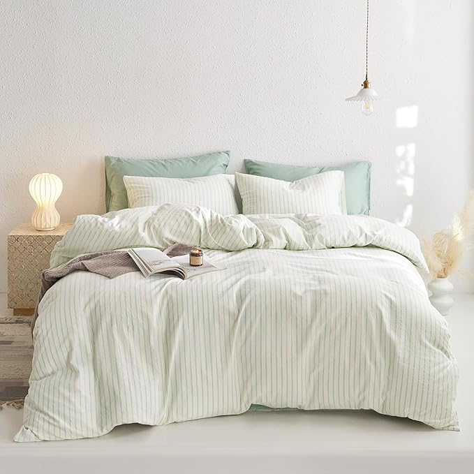 Wake In Cloud - Striped Cotton Duvet Cover Set, Ticking Stripe Vertical Pinstripe Farmhouse, 100% Washed Cotton Textured Percale Bedding Set, 3 Pieces, Aqua White, Twin Size