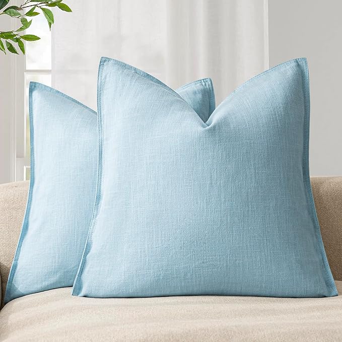 Foindtower Pack of 2, Decorative Linen Soild Throw Pillow Covers Soft Accent Euro Cushion Case Farmhouse Neutral Pillowcase for Chair Couch Sofa Bedroom Living Room Home Decor 22 x 22 Inch Light Blue