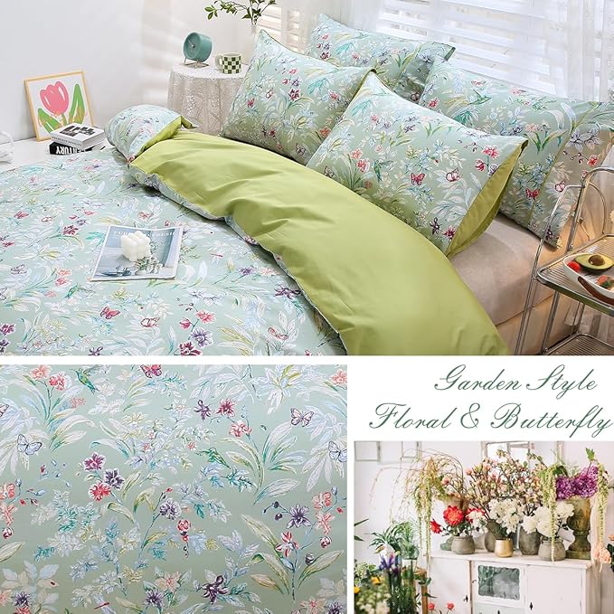 URBONUR Green Floral Duvet Cover Set King Size 100% Egyptian Cotton Bedding Set Farmhouse Butterfly Print Comforter Cover with Button Closure (3Pcs, King)