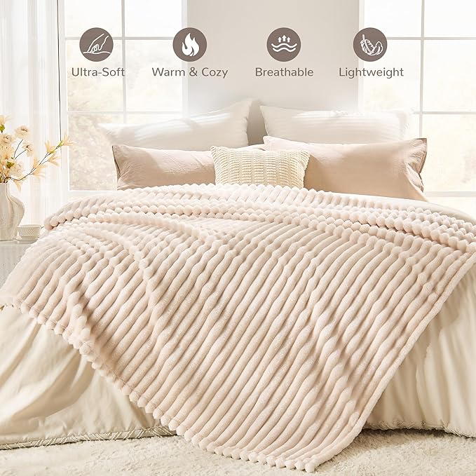 Beige Fleece Twin Size Blanket for Bed, Super Soft Cozy Blanket for Home Decor, Perfect Cozy Gifts for Women Men Gifts, Lightweight All Season Bed Blanket, 60x80 Inches