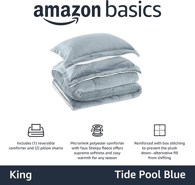 Amazon Basics 3 Piece Bedding Set, Micromink Sherpa, Ultra-Soft, Warm All Season Comforter, King, Tide Pool Blue, Solid
