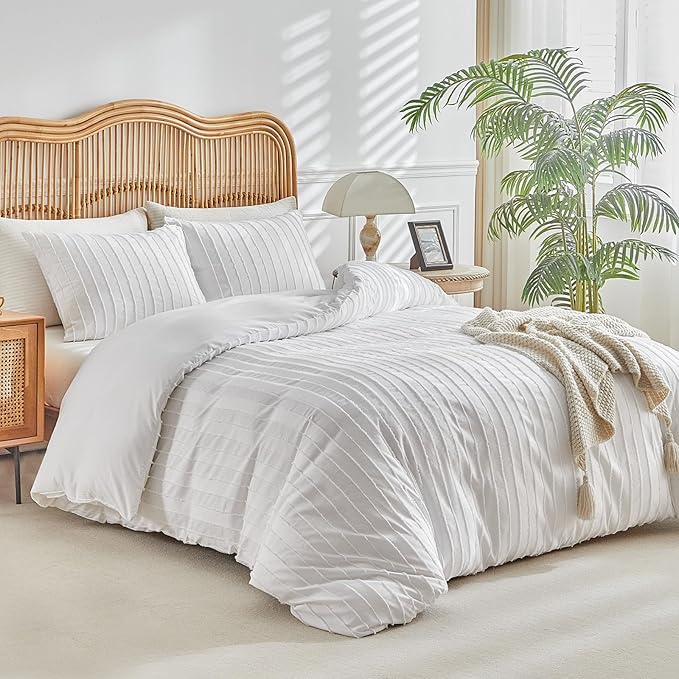 Lekesky White Duvet Cover Queen Size, Striped Tufted Textured Queen Duvet Cover Set 3pcs Ultra Soft Microfiber Breathable Shabby Chic Boho Bedding Sets with Zipper Ties (No Comforter)