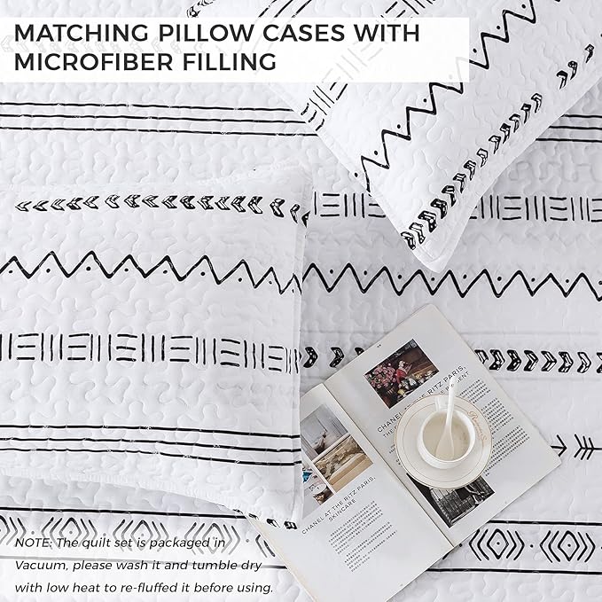 Andency White California King Quilt Set, 3 Pieces Boho Lightweight Soft Striped Cal King Bedspread for All Season (112"x104"), Printed Bohemian Microfiber Reversible Coverlet Comforter Sets