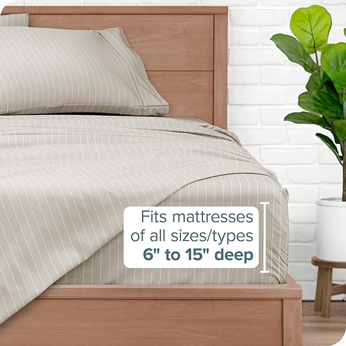 Bare Home Split King Sheet Set - 1800 Ultra-Soft Microfiber Double Brushed - Deep Pockets - Easy Fit - 5 Piece Set - Bed Sheets (Split King, Pinstripe - Stone/White)