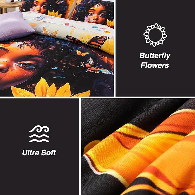 A Nice Night 6pcs Comforter Sets,Black Girl with Butterfly Flying Printed, Sunflower Flowering Shrubs Background Kids Bedding Set,Queen