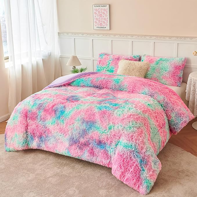 PERFEMET Pink Blue Plush Queen Bedding Sets 3 Pieces Luxury Soft Tie Dyed Fluffy Faux Fur Girls Comforter for Kids Teens Warm Cozy Velvet Fuzzy Bed Sets(Pink Blue, Queen)