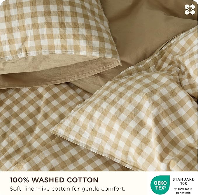 Bedsure Gingham Duvet Cover Queen Size,100% Washed Cotton Duvet Cover Linen Like Textured, Classic Yarn-Dyed Checkered Pattern Enhances Bedroom Comfort and Style, Gingham Khaki, 90"x90"